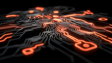 Poster - Futuristic Circuit Board with Glowing Orange Traces Against Dark Backdrop of Innovation and Technology