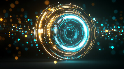 Poster - Futuristic Circular Data Portal With Golden Light Streaks and Cyan Highlights in a Dark Void