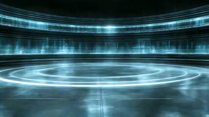 Poster - Futuristic Circular Space Station Illuminated by Blue Holographic Light Effects Sci Fi Innovation