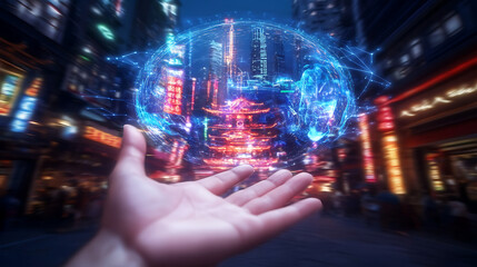 Poster - Futuristic City in Hand Technology and Urban Connection