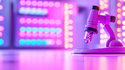 Poster - A sleek microscope sits on a reflective surface, illuminated by vibrant purple and blue lights, creating a modern, high-tech atmosphere.