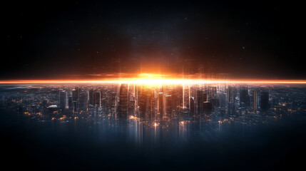 Poster - Futuristic Cityscape at Twilight with Glowing Skyline and Reflection Design Visualization