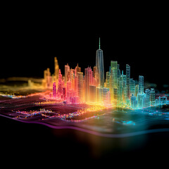 Poster - Futuristic Cityscape Digital Rainbow Skyline with Vibrant Architecture and Network Connectivity