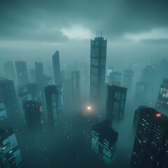 Poster - Futuristic Cityscape in Dense Fog and Low Light with Dominant Skyscrapers and Ominous Ambience