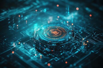Poster - Intricate Circuit Board Design Featuring Central Circuit Element Surrounded by Complex Pathways and Connections Illustrating Modern Technology and Innovation