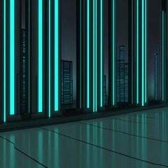 Poster - Futuristic Cityscape Hallway with Glowing Blue Pillars and Reflective Floors Abstract Presentation