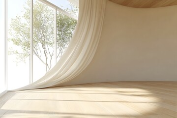 Wall Mural - Sunlight streams through curved window, illuminating empty room with flowing curtain