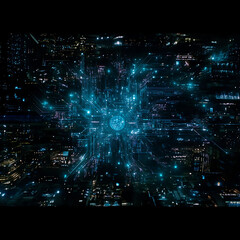Aufkleber - Futuristic Cityscape Neural Network Interface Connection Hub Urban Core Digital Data Visualization