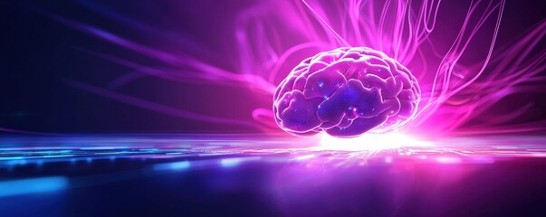 Poster - A glowing, artistic representation of a brain, surrounded by vibrant colors and energy waves, symbolizing intelligence and creativity.