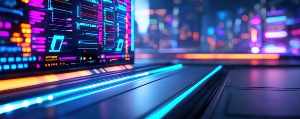 Wall Mural - A vibrant, futuristic scene featuring glowing neon lights, data servers, and a sleek, digital landscape, evoking a high-tech atmosphere.