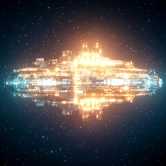 Poster - Futuristic Cityscape Spaceship Galaxy Cruiser Illuminating the Cosmos Journey Through the Vast Universe