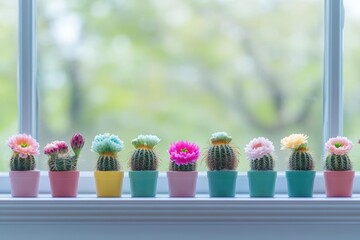 Poster - Vibrant Row of Green Cactus Plants Illuminated by Natural Light in a Bright Window Creating a Lively and Inviting Indoor Plant Display