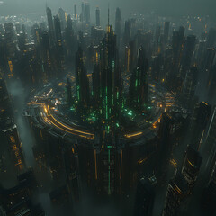Poster - Futuristic Cityscape with Circular District and Towering Structures in Hazy Ambiance