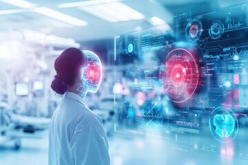 Poster - Woman in a White Coat Engaging with an Innovative Futuristic Interface in a Modern Urban Setting Reflecting Technology and Human Interaction