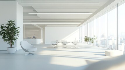 Wall Mural - Modern minimalist white office interior with large windows, city view, plants, and sleek furniture.