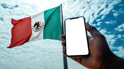 Immigration and tourism in Mexico. A man holds a phone in his hand with an empty white screen against the background of the Mexican flag fluttering in the wind. Patriotism and pride