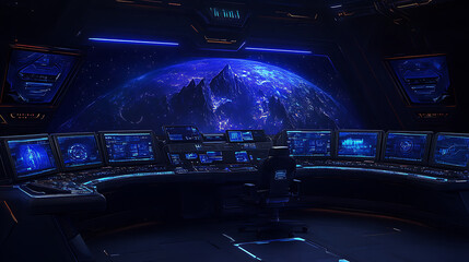 Poster - Futuristic Cockpit Control Room with Planet View Showing High Tech Interface Design Elements
