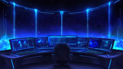 Poster - Futuristic Command Center with Computer Displays and Galactic Background Illustration Design