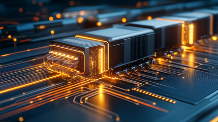 Poster - Futuristic Computer Chip Cluster with Interconnected Cables Illuminating Technology Infrastructure