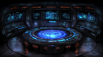 Aufkleber - Futuristic Control Center Console With Glowing Holographic Display and Multiple Monitor Panels