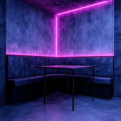 Poster - Futuristic Corner Booth with Neon Lighting and Concrete Walls in a Modern Setting Interior
