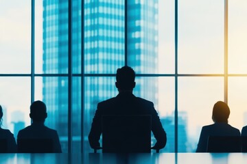 Poster - Silhouettes of Diverse Individuals Engaged in Collaborative Discussion in Modern Meeting Room with Natural Light Creating a Productive Atmosphere