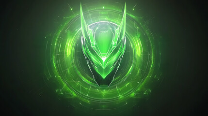 Poster - Futuristic Cybernetic Green Mask with Circular Tech Background Design for Gaming Avatars and Logos
