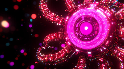 Poster - Futuristic Cybernetic Heart Core with Circular Tech and Bokeh Lights on Black Background