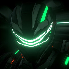 Poster - Futuristic Cybernetic Warrior with Neon Glowing Visor in Dark Spacesuit Concept Art Illustration