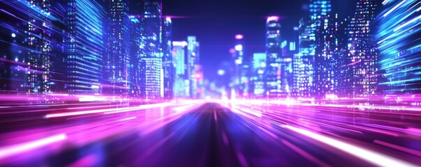 Poster - A vibrant cityscape at night with illuminated skyscrapers and dynamic light trails, creating a futuristic and energetic atmosphere.