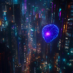Poster - Futuristic Cyberpunk Cityscape with Floating Digital Brain Symbolizing Advanced Technology