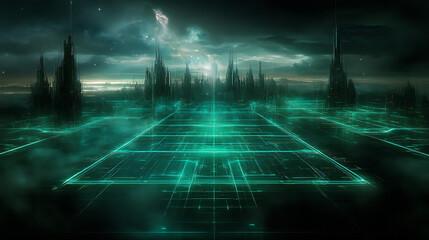 Poster - Futuristic Cyberpunk Cityscape with Glowing Grid and Towering Structures and Digital Night Sky Glow