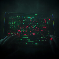 Poster - Futuristic Digital Interface Manipulation Cyberpunk Aesthetic with Red and Green Lines and Hand Touches