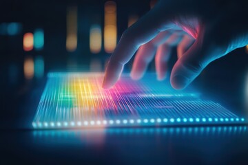 Aufkleber - A person focused on a laptop illuminated by vibrant colorful lights in a cozy modern workspace creating an inspiring and dynamic atmosphere