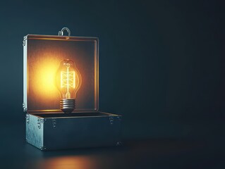 Poster - A Glowing Light Bulb Illuminates a Rusty Metal Box Creating a Unique Contrast Between Modern Design and Industrial Aesthetic in a Dimly Lit Environment