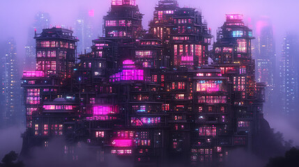 Poster - Futuristic Elevated Cityscape with Intricate Architecture and Neon Illumination in Hazy Purple Ambiance