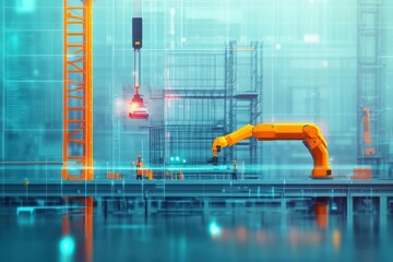 Poster - Futuristic Robot Operating Heavy Machinery at Dynamic Construction Site with Steel Beams and Workers Amidst a Bustling Urban Environment