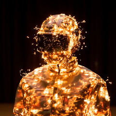 Poster - Futuristic Figure with Glowing Ornamentation Wearing VR Headset in Dark Virtual Reality Environment