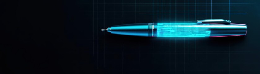 Poster - Illuminated Writing Instrument with a Striking Blue Light Emitting from the Tip Symbolizing Creativity and Inspiration in a Modern Workspace Setting