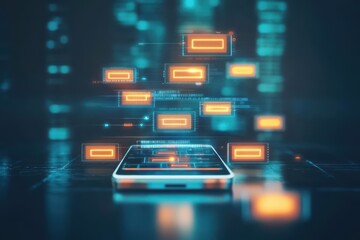 Poster - Futuristic Smartphone Displaying Glowing Squares in a Dimly Lit Environment Evoking a Sense of Innovation and Modern Technology in Daily Life