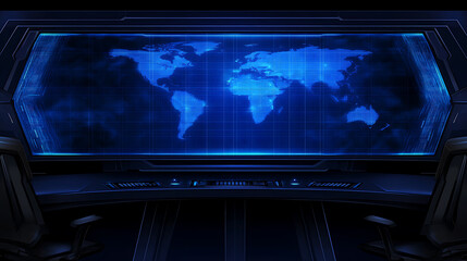 Poster - Futuristic Global Control Room with World Map Display for Technological Dominance and Monitoring