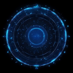 Poster - Futuristic Glowing Circular Interface With Intricate Details and Geometric Patterns on Black Backdrop