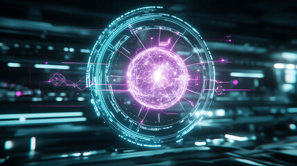 Poster - Futuristic Glowing Spherical Technology with Cyan and Violet Components and Complex System Design