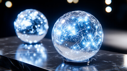 Poster - Futuristic Glowing Spheres Illuminating a Dark Surface with Abstract Light Connections Visuals
