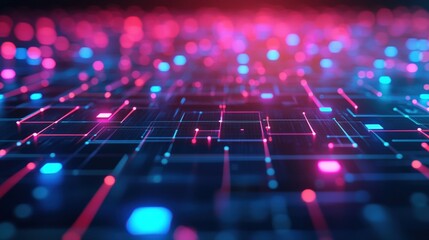 Poster - The image depicts a futuristic digital landscape filled with vibrant blue and pink glowing squares and grids, suggesting a high-tech atmosphere.