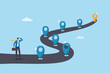 © Nuthawut - Success roadmap journey, milestone or career path achievement, route or pathway to achieve goals, accomplishment, assessment or way to success, businessman look at achievement milestone to success.