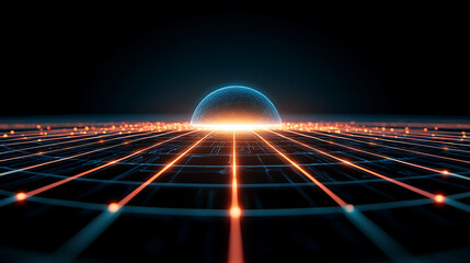Poster - Futuristic Grid and Dome Structure with Light Emanating From a Technological Horizon Vision