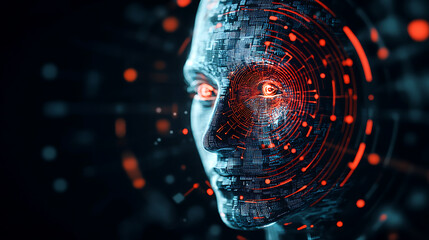 Poster - futuristic humanoid ai face circuitry with red eye glow amidst digital data processing scenery