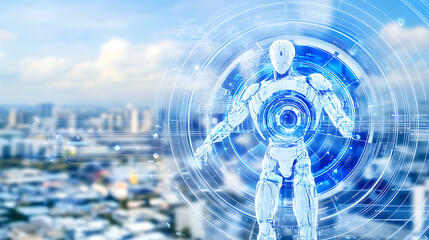 Poster - futuristic humanoid ai robot with cityscape overlay and circular interface technology concept