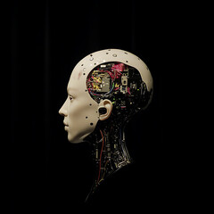 Poster - futuristic humanoid robot head and internal circuitry profile view on black backdrop technology
